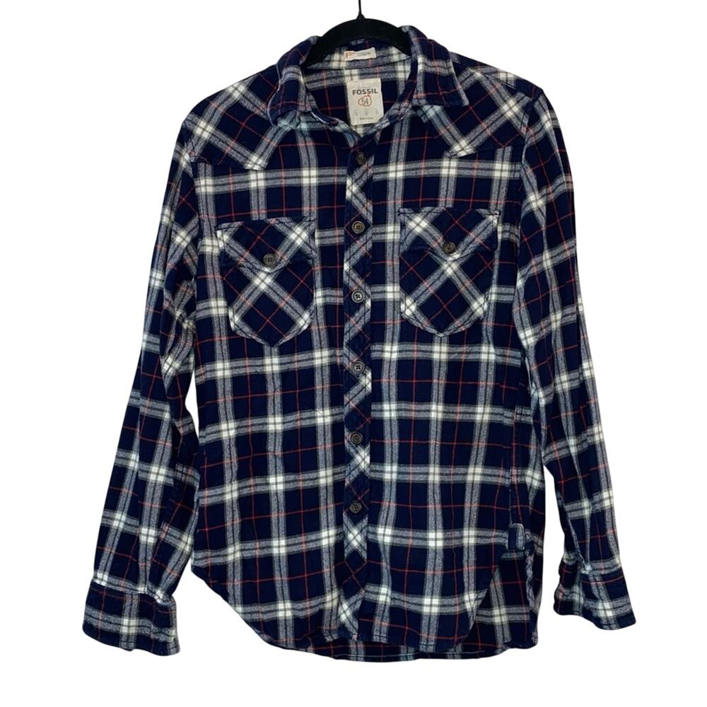 Fossil Classic Fit Plaid Flannel Button‎ Up Shirt Small Blue Red